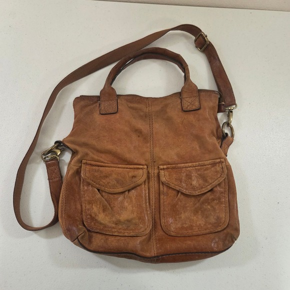 Fossil Handbags - Fossil Long Live Vintage 1954 Brown Leather Crossbody Satchel Bag Cognac